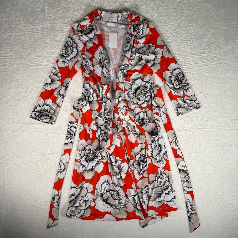 Charles Henry Dress S Orange Floral Wrap Midi 3/4 Sleeve‎ Boho Office